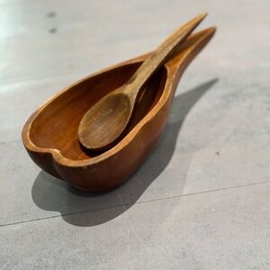Vintage Wood small wood serving  dish and a small spoon